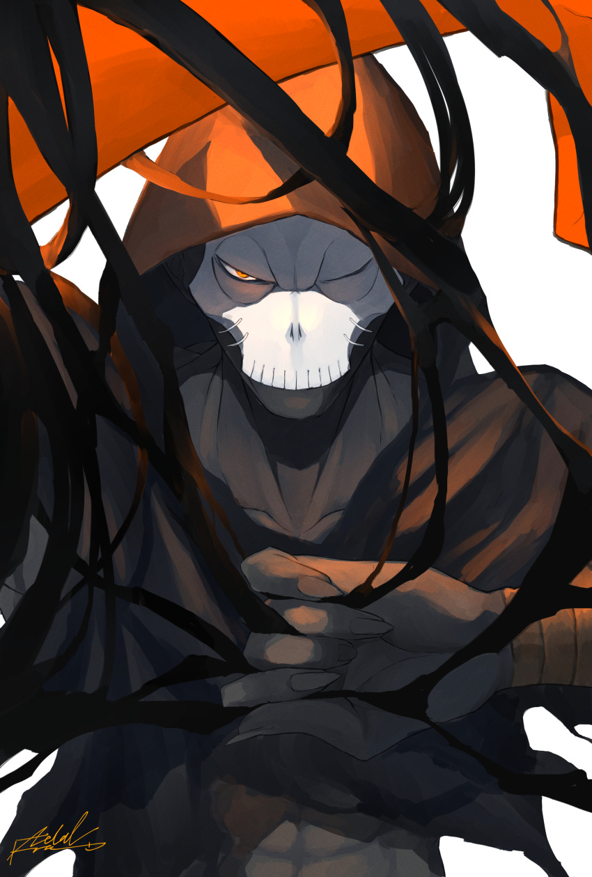 1boy absurdres black_skin colored_skin fate/stay_night fate_(series) fingernails glowing glowing_hand hassan_of_the_cursed_arm_(fate) highres hood male_focus mask metalfrog orange_eyes signature skull_mask