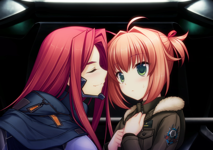 2girls artist_request bangs blue_jacket blush brown_jacket closed_eyes eyebrows_visible_through_hair fang fang_out fortified_suit fur_trim game_cg green_eyes hair_intakes highres jacket jacket_on_shoulders long_hair miono_shizuku multiple_girls muvluv muvluv_alternative muvluv_unlimited:_the_day_after official_art oogami_ritsuko pilot_suit pink_hair red_hair short_hair smelling smile two_side_up