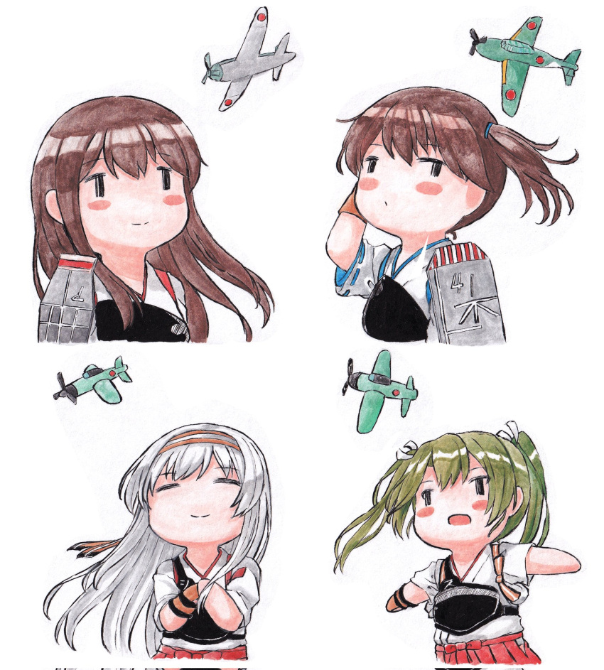 4girls =_= aircraft akagi_(kancolle) bangs blush brown_hair chibi closed_eyes closed_mouth eyebrows_visible_through_hair gloves green_hair hair_between_eyes hair_ribbon headband highres japanese_clothes kaga_(kancolle) kantai_collection long_hair multiple_girls muneate open_mouth partially_fingerless_gloves poipoi_purin ponytail ribbon shoukaku_(kancolle) side_ponytail simple_background single_glove smile tasuki twintails white_background white_hair yugake zuikaku_(kancolle)