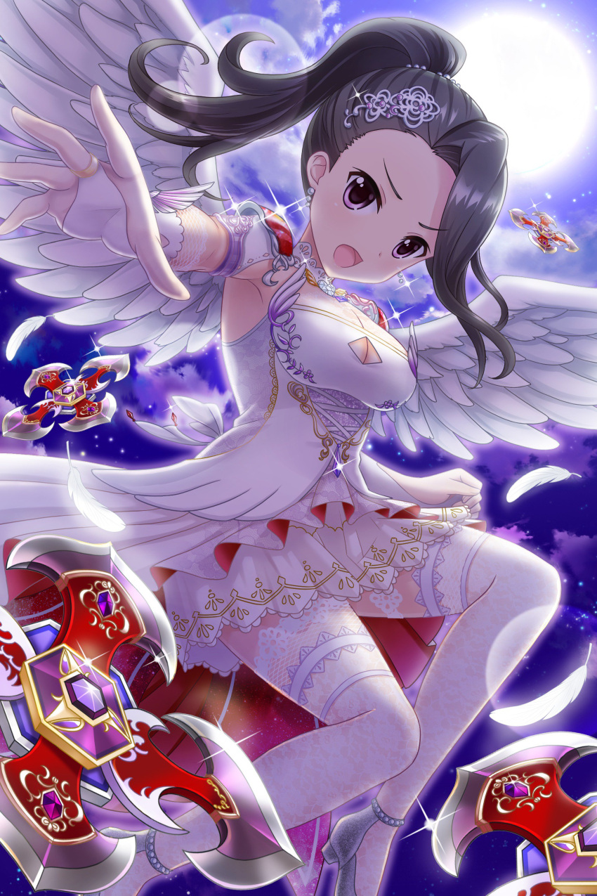 1girl absurdres alternative_girls angel_wings armlet black_hair breasts cleavage dress eyebrows_visible_through_hair full_moon hair_ornament highres jewelry looking_at_viewer moon night night_sky official_art open_mouth ponytail purple_eyes saionji_rei shuriken sky solo weapon white_dress white_footwear white_legwear wings