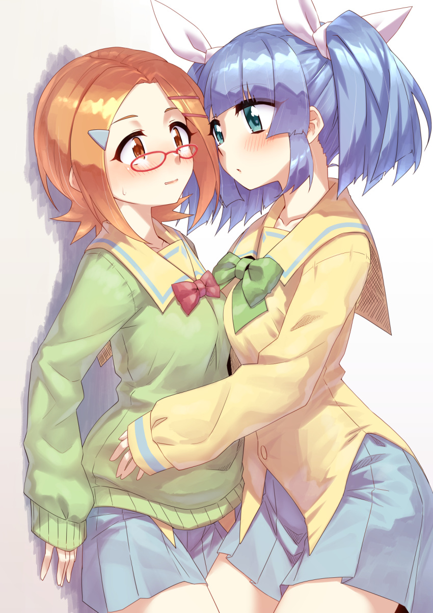 2girls bangs blue_eyes blue_hair blue_skirt blush bow brown_eyes brown_hair commentary_request commission eye_contact eyebrows_visible_through_hair glasses green_bow green_sweater hair_ornament hair_ribbon hairclip highres long_sleeves looking_at_another mizunashi_(second_run) multiple_girls pani_poni_dash! parted_bangs parted_lips pixiv_request pleated_skirt red-framed_eyewear red_bow ribbon shirt skirt sleeves_past_wrists suzuki_sayaka sweat sweater twintails uehara_miyako white_ribbon yellow_shirt yuri