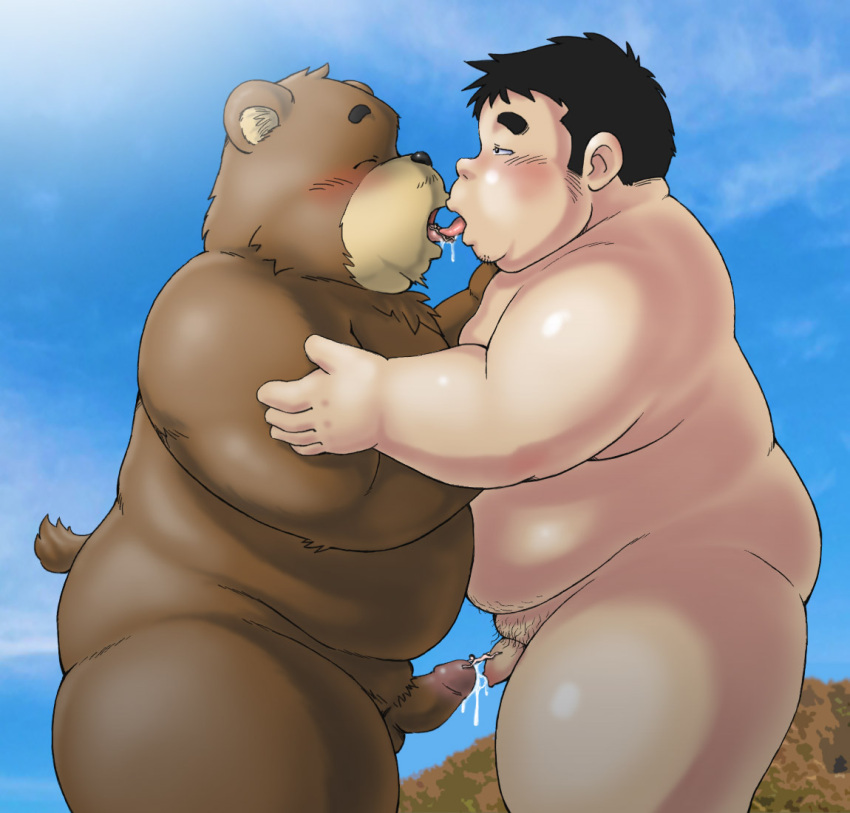 2021 anthro balls belly blush bodily_fluids dekatanu duo embrace erection eyes_closed genital_fluids genitals hug human human_on_anthro interspecies kemono kissing macro male mammal outside overweight overweight_male penis precum ursid young