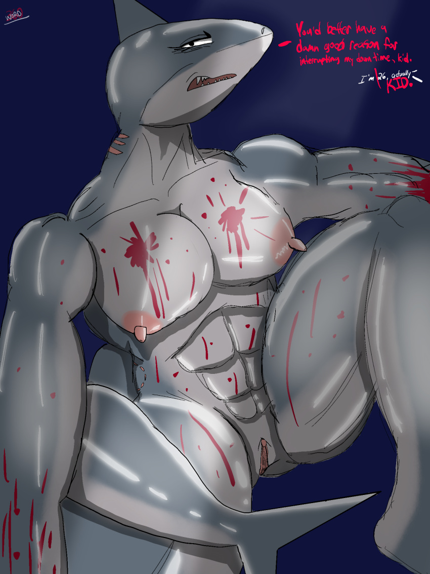 abs anthro areola big_areola big_breasts big_nipples bite_mark blood blood_on_body bodily_fluids breasts brucie_(word360) dialogue female fish genitals gills great_white_shark hi_res lamnid lamniform looking_at_viewer marine muscular muscular_anthro muscular_female narrowed_eyes nipples nude pussy scar shark sharp_teeth simple_background sitting solo spread_legs spreading tail_on_leg talking_to_viewer teeth text thick_thighs word360