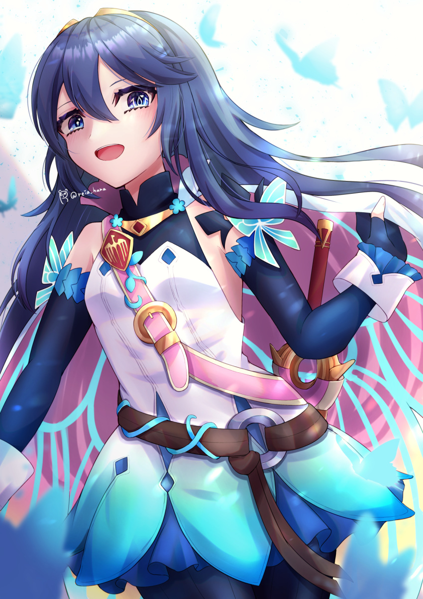 1girl :d bare_shoulders belt birthmark blue_bodysuit blue_eyes blue_gloves blue_hair blue_legwear bodysuit bug butterfly dress elbow_gloves falchion_(fire_emblem) fingerless_gloves fire_emblem fire_emblem_awakening fire_emblem_heroes gloves gradient_cape gradient_clothes gradient_dress highres lucina_(fire_emblem) official_alternate_costume reia_hana sheath sheathed short_dress sleeveless smile solo sword tiara turtleneck twitter_username upper_body weapon