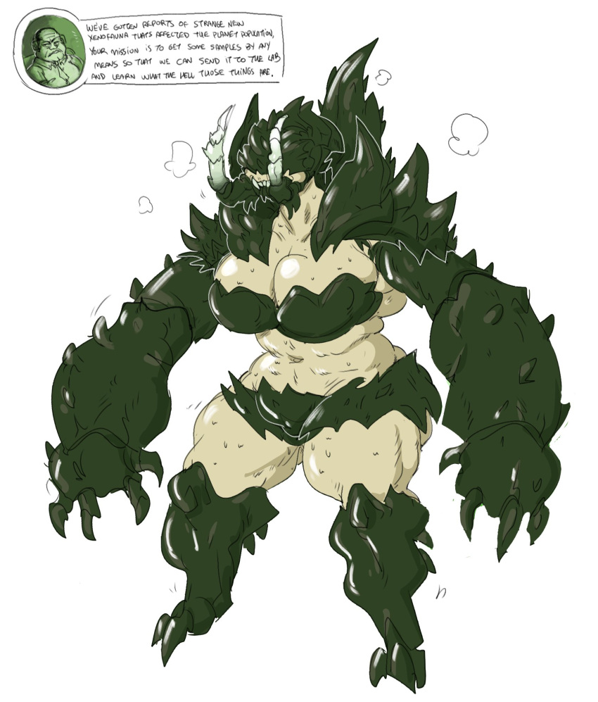 2021 alien anthro anthro_focus anthrofied arthropod big_breasts breasts deep_rock_galactic dialogue duo english_text female female_focus full-length_portrait glyphid hi_res human male mammal mhdrawin midriff nude portrait simple_background solo_focus spikes text tusks white_background