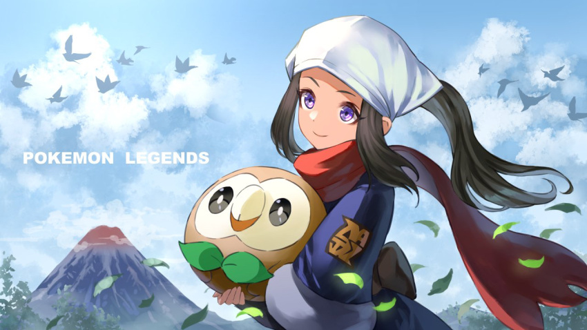 1girl akari_(pokemon) bird black_hair closed_mouth cloud commentary_request danryoku_(ucrh3525) day floating_hair floating_scarf from_side head_scarf holding holding_pokemon jacket leaves_in_wind long_hair mountain outdoors pokemon pokemon_(creature) pokemon_(game) pokemon_legends:_arceus ponytail purple_eyes red_scarf rowlet scarf sky smile upper_body white_headwear