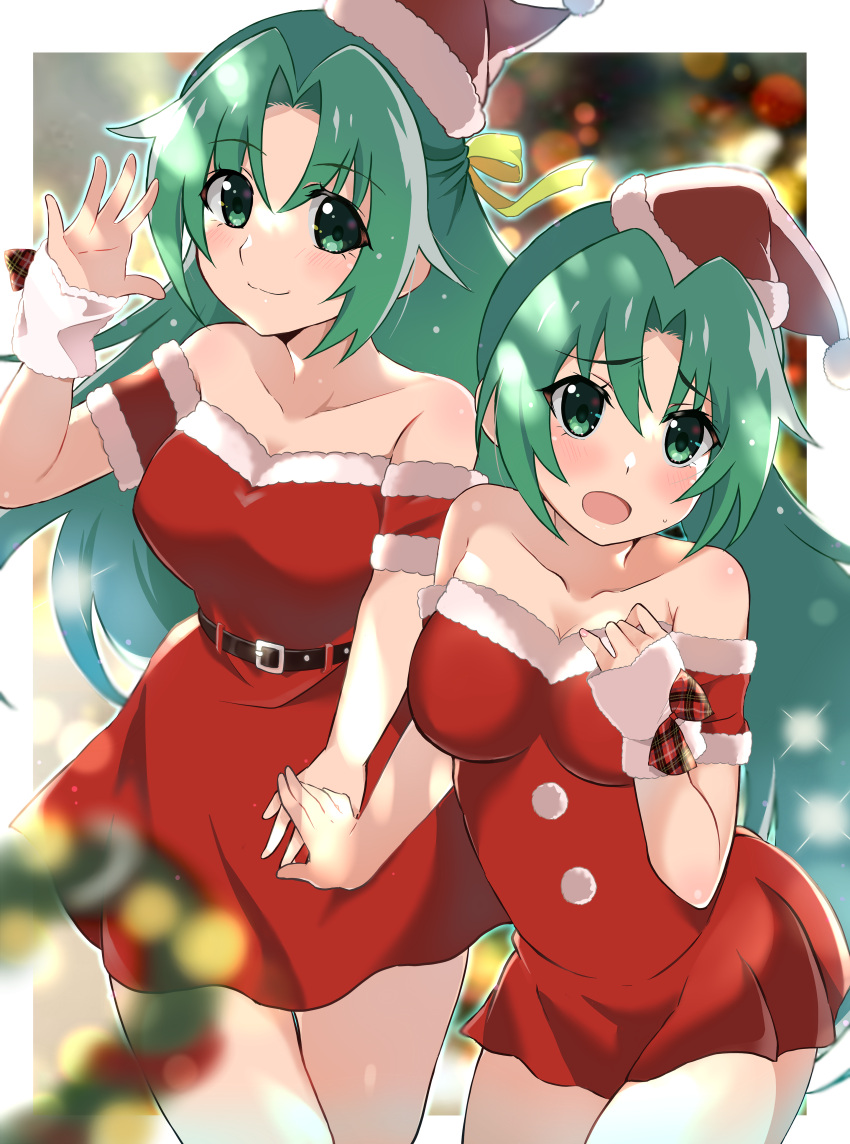 2girls absurdres bangs bare_shoulders belt black_belt blurry blurry_background blush border bow breasts christmas cleavage closed_mouth collarbone commentary_request depth_of_field detached_sleeves dress embarrassed eyebrows_visible_through_hair fur-trimmed_dress fur-trimmed_headwear fur-trimmed_sleeves fur_trim green_eyes green_hair hair_ribbon hand_up hat highres higurashi_no_naku_koro_ni large_breasts lens_flare looking_at_viewer looking_away mashimaro_tabetai multiple_girls nail_polish open_mouth outside_border parted_bangs pink_nails plaid plaid_bow pom_pom_(clothes) red_bow red_dress red_headwear red_sleeves ribbon santa_costume santa_dress santa_hat short_sleeves siblings sisters smile sonozaki_mion sonozaki_shion strapless strapless_dress twins waving white_border yellow_ribbon