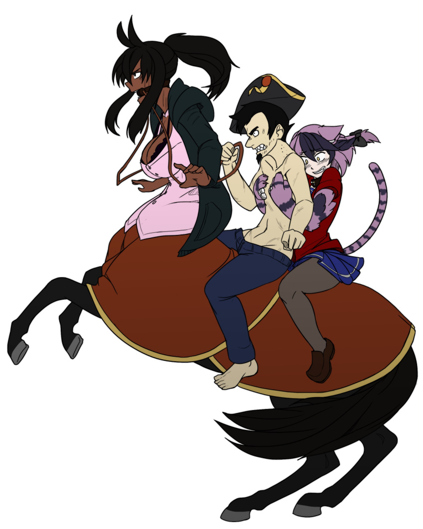 1boy 2girls absurdres angry bandages bare_legs barefoot black_hair breasts bridle centaur cheshire_cat_(monster_girl_encyclopedia) cleavage colorized dark_skin feet full_body hat highres hooves hug hug_from_behind less long_hair missing_finger monster_girl_encyclopedia multiple_girls open_mouth pantyhose pink_hair pirate_hat ponytail rearing reins riding scar sharp_teeth shoes sitting skirt taur teeth topless_male