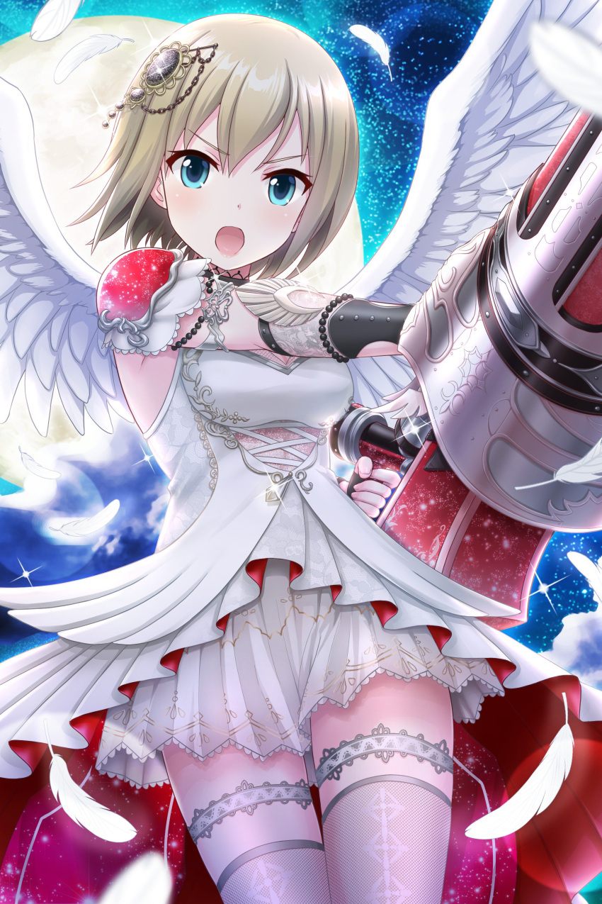 1girl absurdres alternative_girls angel_wings armlet blonde_hair blue_eyes dress eyebrows_visible_through_hair full_moon hair_ornament highres holding holding_weapon looking_at_viewer moon night night_sky official_art open_mouth short_hair sky solo star_(sky) starry_sky sylvia_richter weapon white_dress white_legwear wings