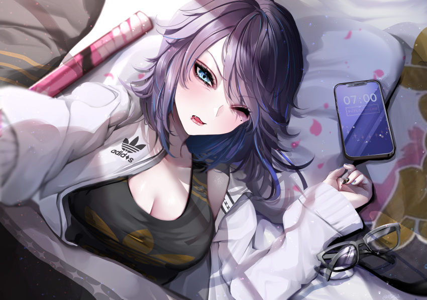 1girl adidas annoyed black_hair black_nails blue_eyes blue_hair breasts cellphone cleavage colored_inner_hair eyewear_removed fang fayutea highres indie_virtual_youtuber jacket kson large_breasts mole mole_under_eye multicolored_hair one_eye_closed open_mouth phone pillow smartphone souchou sword under_covers virtual_youtuber waking_up weapon white_jacket wooden_sword