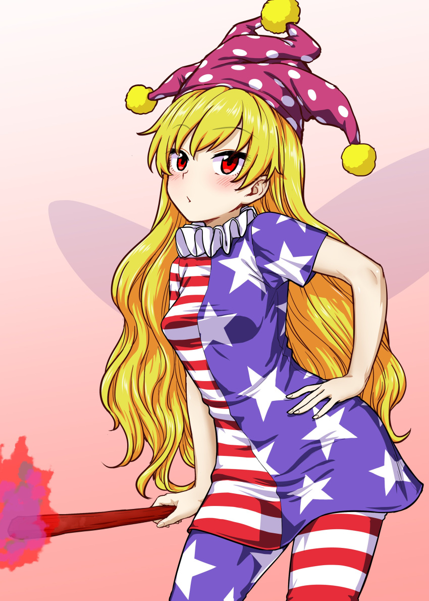 1girl absurdres american_flag_dress american_flag_pants bangs blonde_hair blush breasts clownpiece dress eyebrows_visible_through_hair eyes_visible_through_hair fairy_wings fire gradient gradient_background hair_between_eyes hand_on_hip hat highres holding holding_torch itou_yuuji jester_cap long_hair looking_to_the_side medium_breasts multicolored_clothes multicolored_dress multicolored_pants neck_ruff open_mouth pants pink_background pink_headwear polka_dot purple_dress purple_fire purple_pants red_dress red_eyes red_fire red_pants short_hair solo standing star_(symbol) star_print striped striped_dress striped_pants torch touhou white_background white_dress white_pants wings