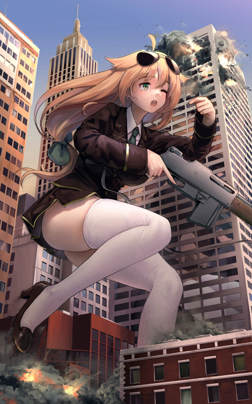 1girl absurdres ahoge aviator_sunglasses black_footwear black_jacket black_skirt blazer blonde_hair building city destruction eyebrows_visible_through_hair eyewear_on_head giant giantess girls'_frontline green_eyes green_necktie gun high_heels highres holding holding_gun holding_weapon jacket light_machine_gun long_hair long_sleeves low-tied_long_hair m1918_(girls'_frontline) m1918_bar machine_gun miniskirt necktie one_eye_closed open_mouth outdoors reflection shoes skirt sunglasses tears thighhighs trigger_discipline weapon welt_(kinsei_koutenkyoku) white_legwear