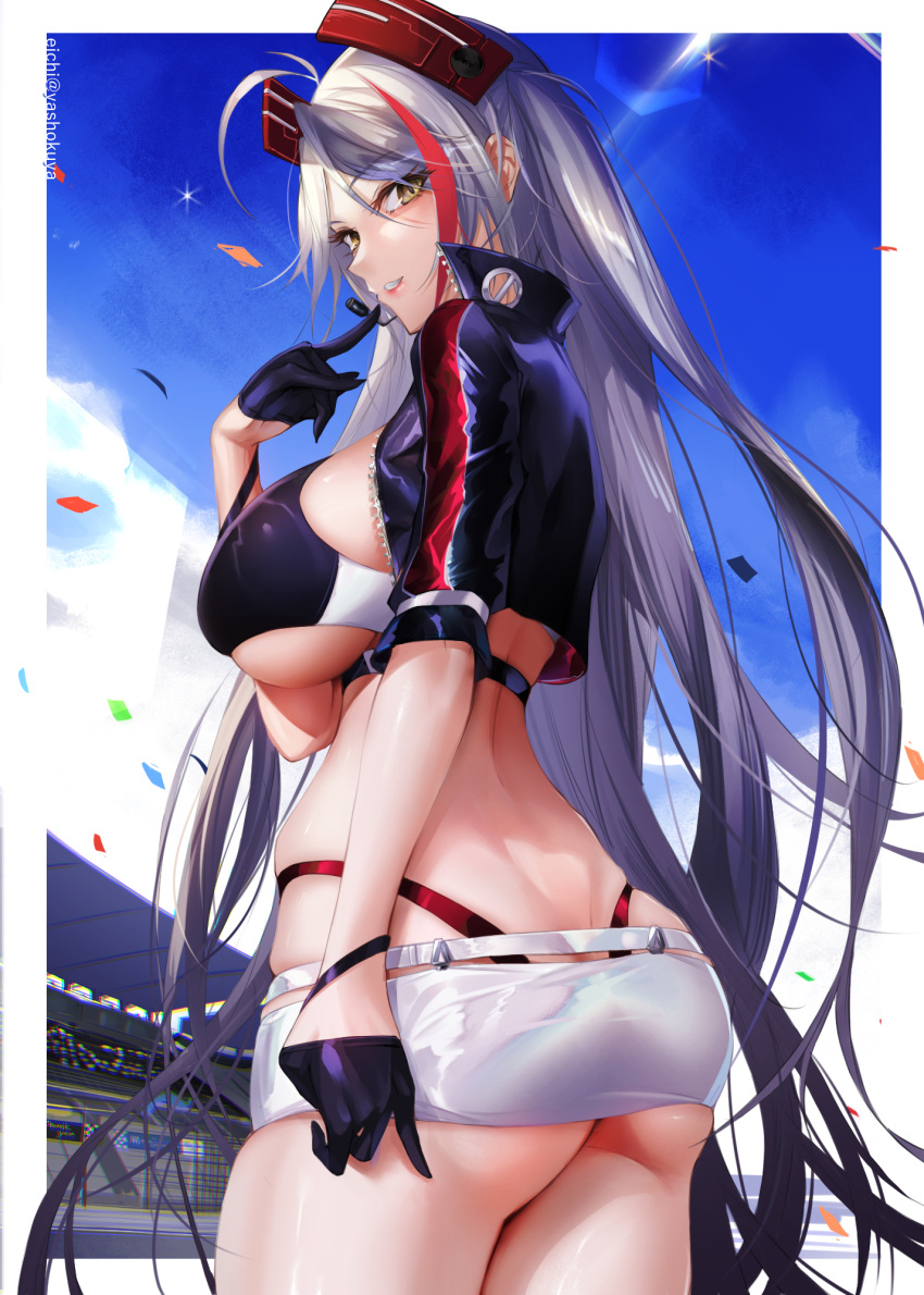 1girl ahoge ass azur_lane blue_sky border breasts clothing_cutout confetti cropped_jacket cropped_shirt eichi gloves half_gloves headgear highres large_breasts long_hair multicolored_hair official_alternate_costume outdoors panties panty_straps prinz_eugen_(azur_lane) prinz_eugen_(final_lap)_(azur_lane) race_queen racetrack red_panties silver_hair sky streaked_hair thighs underboob underboob_cutout underwear very_long_hair white_border yellow_eyes