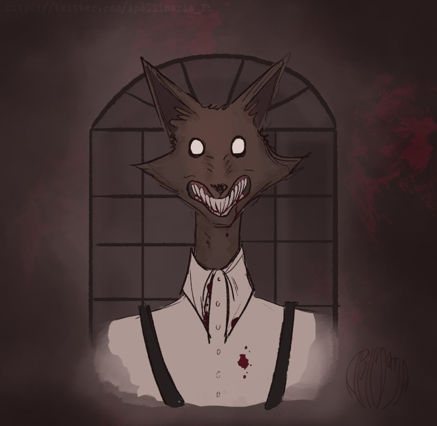 2021 anthro apollinaria_fh big_ears black_nose blood blood_in_mouth blood_on_clothing blood_on_face blood_on_shirt blood_on_teeth bodily_fluids brown_background brown_body brown_fur canid canine clenched_teeth clothed clothing creepy demon fox fur hi_res leenie_boog leenie_boog_(character) long_neck long_teeth looking_at_viewer male mammal nightmare_fuel portrait sharp_teeth simple_background simple_eyes skinny solo soulless_eyes suspenders teeth video_games white_eyes wide_eyed window