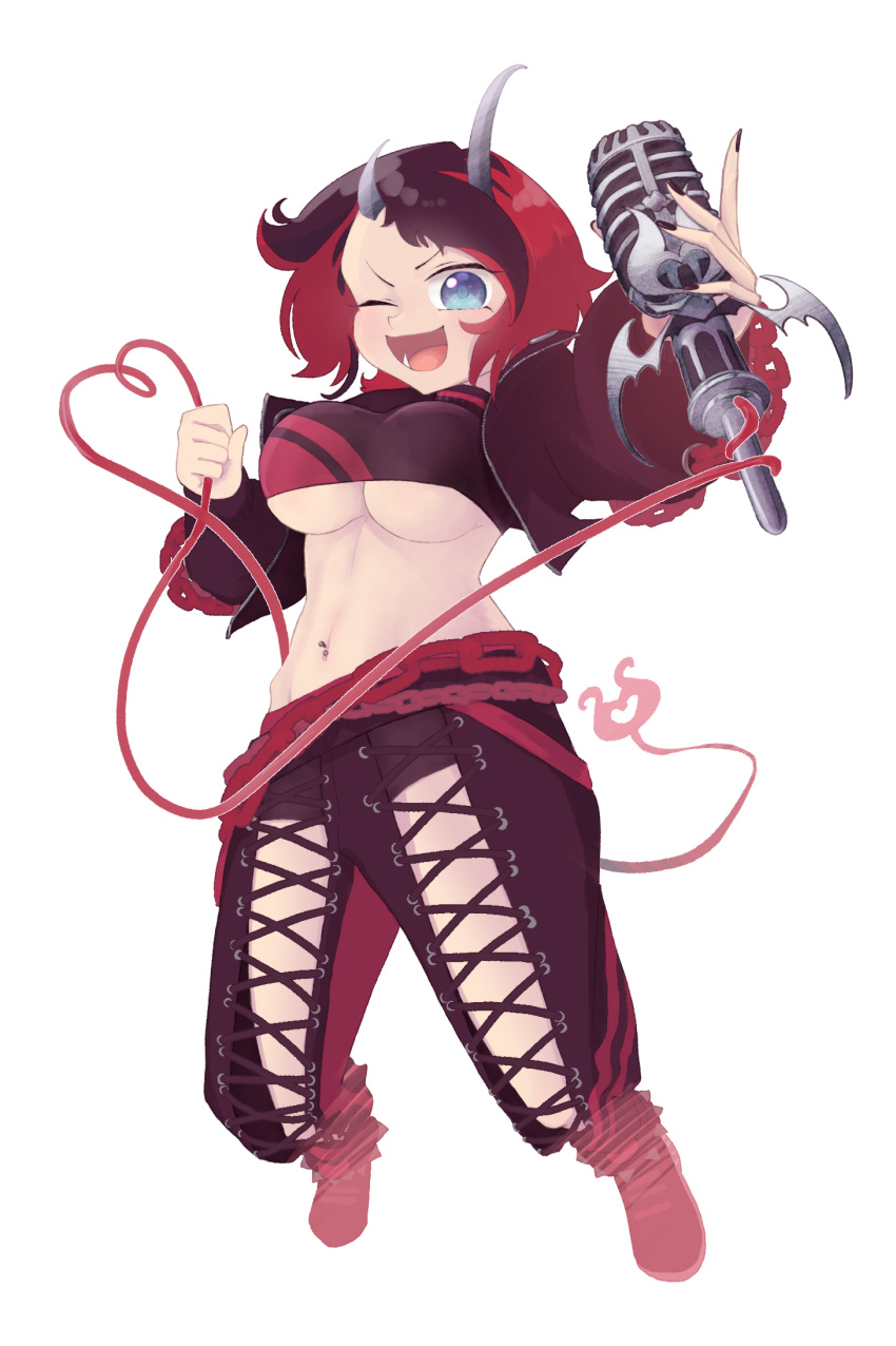 1girl bangs black_footwear black_hair black_jacket black_nails black_pants black_sports_bra blue_eyes breasts chain commentary_request cropped_jacket cross-laced_pants demon_girl demon_horns demon_tail full_body grey_background heart heart_of_string highres holding holding_microphone horns jacket jumping large_breasts looking_at_viewer microphone midriff multicolored_hair nail_polish navel navel_piercing one_eye_closed open_clothes open_jacket open_mouth pants piercing pointy_ears red_hair red_pants red_sports_bra ryugasaki_rene shoes short_hair simple_background smile sneakers sobaco solo sports_bra sugar_lyric tail two-tone_hair two-tone_pants underboob virtual_youtuber zipper
