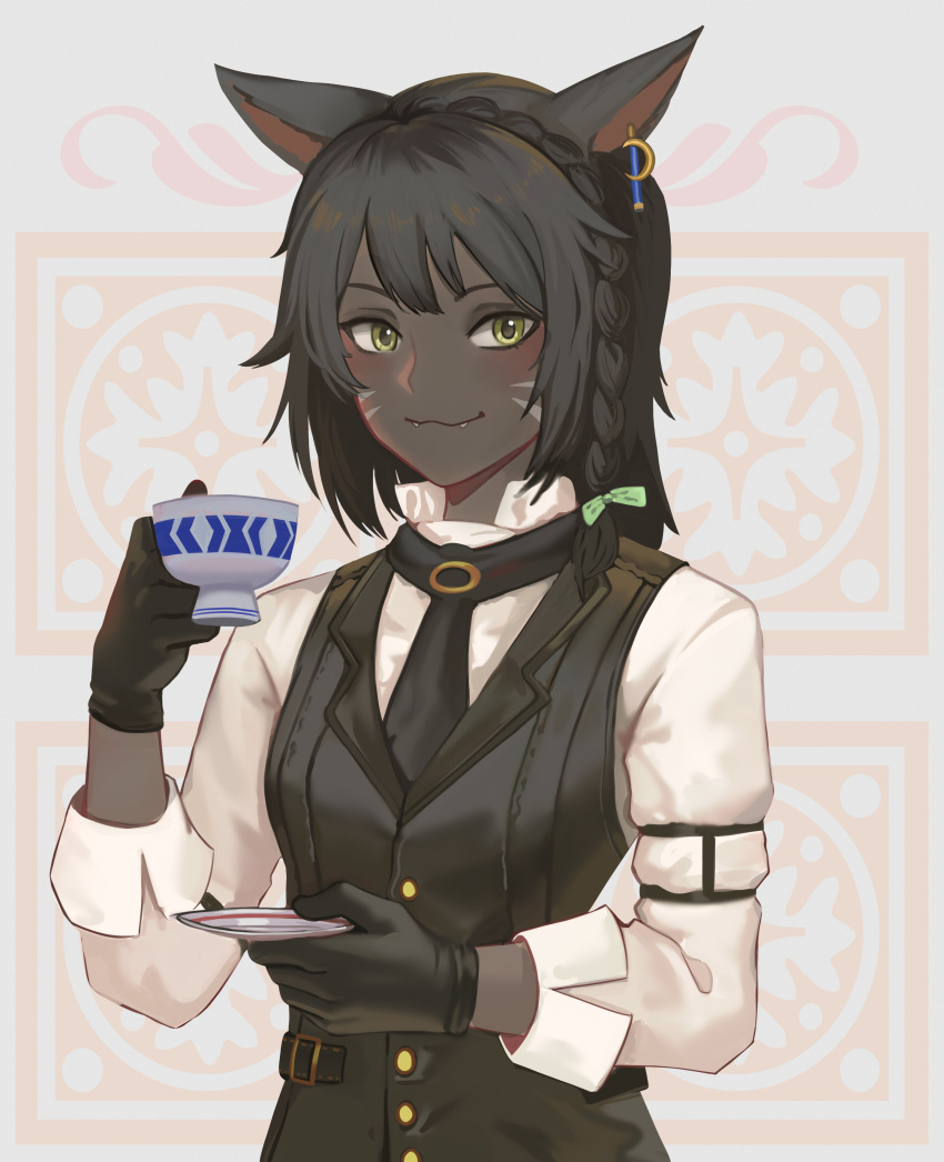 1girl absurdres animal_ears aoshiseven avatar_(ffxiv) black_gloves black_hair black_vest bow braid buttons cat_ears cat_girl closed_mouth commission cup dark-skinned_female dark_skin earrings facial_mark fangs fangs_out final_fantasy final_fantasy_xiv formal gloves green_eyes hair_bow hand_up highres holding holding_cup holding_saucer jewelry long_sleeves looking_at_viewer messy miqo'te saucer shirt side_braid smile solo teacup upper_body vest whisker_markings white_shirt