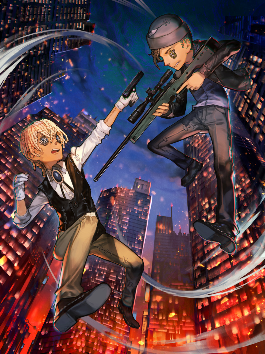 2boys absurdres aiming black_footwear black_jacket black_pants black_vest brooch brown_pants character_request clenched_teeth gloves gun hairlocs handgun hat highres holding holding_gun holding_weapon hungry_clicker identity_v jacket jewelry meitantei_conan multiple_boys night open_clothes open_jacket open_mouth outdoors pants pistol purple_shirt rifle shirt shoes sniper_rifle teeth trigger_discipline vest weapon white_gloves