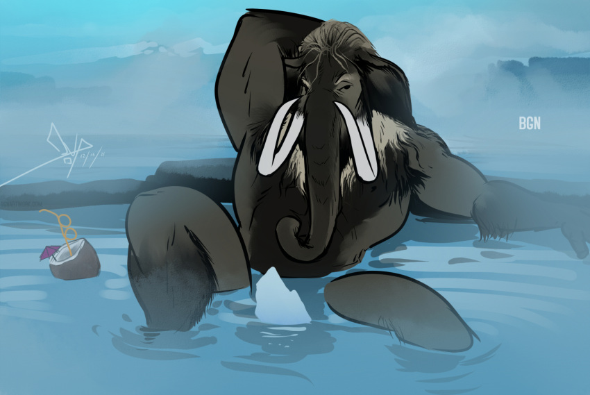 anthro bare_chest bgn censored cold detailed_background elephantid fur grey_body grey_fur hi_res lounging male mammal mammoth naturally_censored nude presenting proboscidean sitting solo tusks woolly_mammoth