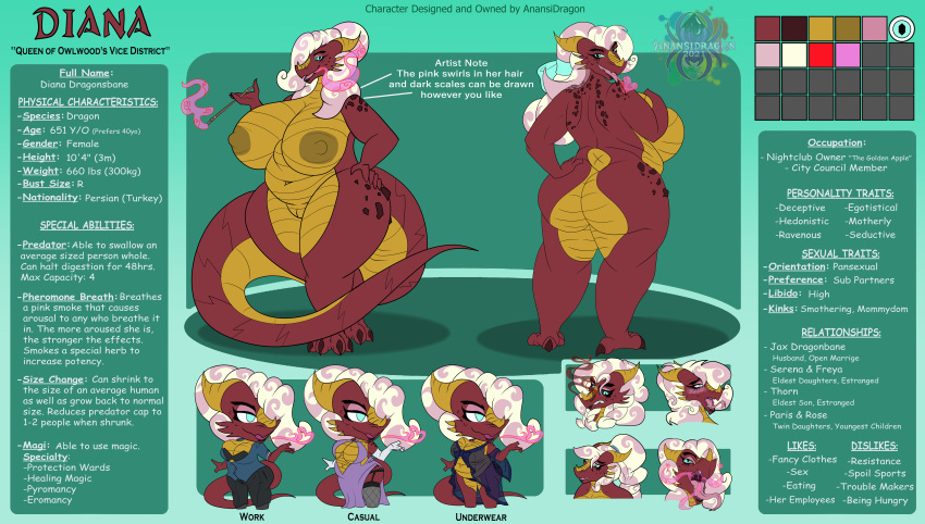absurd_res anansi_dragon anthro black_sclera blowing_kiss blue_eyes braided_hair butt chibi classy clothing curled_hair dragon facial_expressions fancy_clothing female fishnet fishnet_legwear genitals hair hair_over_eye hi_res horn legwear lingerie looking_at_viewer mature_female model_sheet mouth_shot nightgown office_clothing one_eye_obstructed open_mouth overweight overweight_female pheromones ponytail predator/prey pussy rear_view red_body red_scales scales scalie smoke_from_mouth smoke_from_nose smoking solo swirl_pattern thick_tail yellow_body yellow_scales