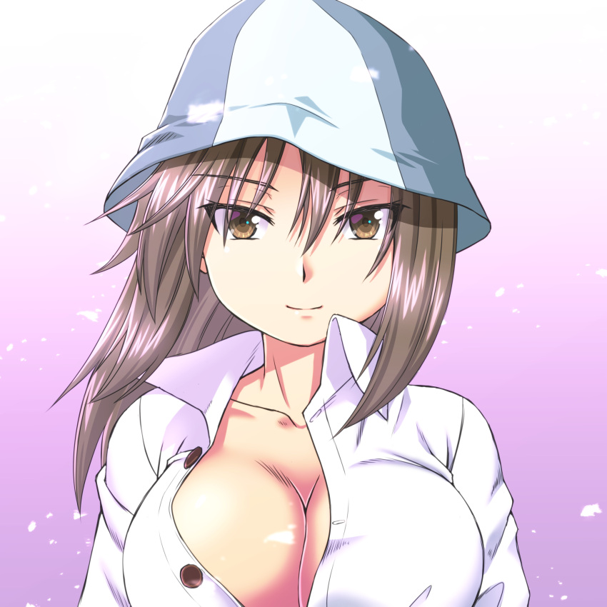 1girl bangs beni_(bluebluesky) blue_headwear breasts brown_eyes brown_hair cleavage closed_mouth commentary dress_shirt eyebrows_visible_through_hair girls_und_panzer hat highres large_breasts long_hair looking_at_viewer mika_(girls_und_panzer) partially_unbuttoned purple_background shirt simple_background smile solo tulip_hat upper_body white_background white_shirt wind wing_collar