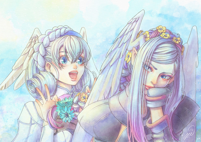 2girls :d bangs blue_eyes braid crown_braid day eyes_visible_through_hair flower hair_flower hair_ornament head_wings highres lips melia_antiqua multiple_girls outdoors sidelocks silver_hair smile tyrea_(xenoblade) upper_body vvbert xenoblade_chronicles xenoblade_chronicles:_future_connected xenoblade_chronicles_(series)