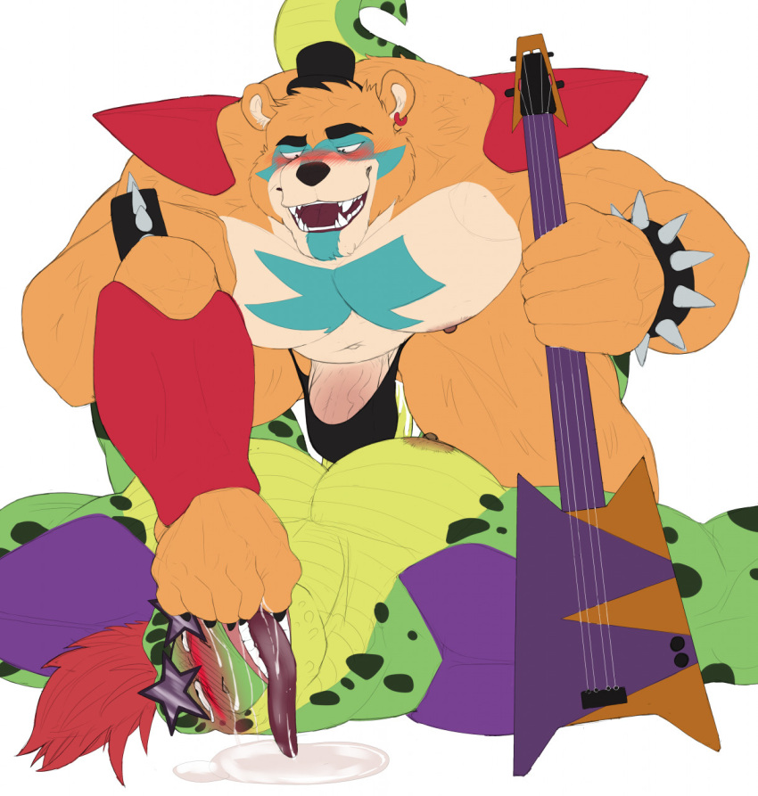 anthro blush bodily_fluids clothing duo feet_in_face five_nights_at_freddy's five_nights_at_freddy's:_security_breach foot_fetish genitals glamrock_freddy_(fnaf) guitar hi_res islate_(artist) machine male male/male mammal montgomery_gator_(fnaf) musical_instrument penis plucked_string_instrument robot saliva scalie scottgames sex string_instrument thong tongue tongue_out underwear ursid video_games