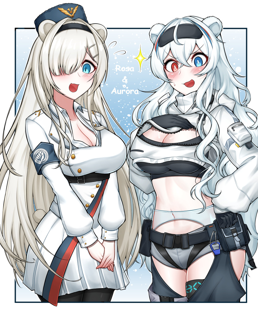 2girls :d absurdres animal_ears arknights armband aurora_(arknights) aurora_(arknights)_(cosplay) bangs bear_ears belt black_belt black_gloves black_hairband black_legwear black_shirt blue_eyes blue_headwear blush breasts character_name cleavage commentary_request cosplay costume_switch crop_top cropped_jacket dress flying_sweatdrops gloves grey_shorts hair_between_eyes hair_over_one_eye hairband heterochromia highres infection_monitor_(arknights) jacket korean_commentary large_breasts long_hair long_sleeves manggapaegtoli midriff multiple_girls navel open_mouth own_hands_together pantyhose pleated_dress pouch red_eyes rosa_(arknights) rosa_(arknights)_(cosplay) shirt short_dress short_shorts shorts silver_hair smile sparkle stomach v_arms very_long_hair white_dress white_jacket