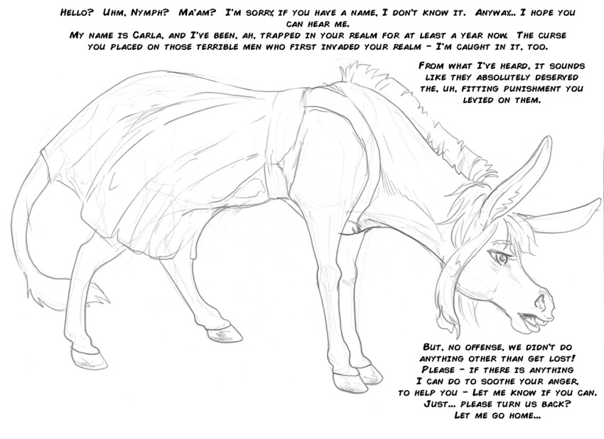 anthro arania asinus buckteeth carla_(tcitw) clothed clothed_feral clothing dialogue donkey english_text equid equine female feral fur hair herm_(lore) hooves mammal open_mouth solo teeth text the_cabin_in_the_woods_(arania)