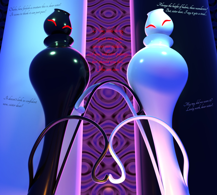 2021 3d_(artwork) 3d_animation abstract_background alternate_version_at_source animate_inanimate animated black_body caption dear_sister_(pinkmoth) dialogue digital_media_(artwork) duo english_text female glowing glowing_eyes hi_res looking_at_viewer looking_down looking_down_at_viewer low-angle_view not_furry pinkmoth pottery red_eyes reflective_body sister_dear_(pinkmoth) standing talking_to_another talking_to_viewer text vase_(pinkmoth) white_body