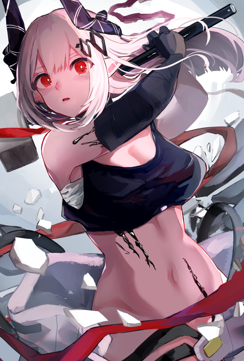 1girl arknights bangs bare_shoulders black_collar black_gloves black_tank_top breasts cleavage collar commentary crop_top cropped_shirt demon_horns elbow_gloves eyebrows_behind_hair gloves hammer highres holding holding_hammer holding_weapon horns infection_monitor_(arknights) jumpsuit large_breasts long_hair looking_at_viewer midriff mudrock_(arknights) navel open_jumpsuit oripathy_lesion_(arknights) parted_lips pointy_ears red_eyes sarashi shinonome_nemu_(nemulog_sn) sidelocks silver_hair single_glove sledgehammer solo standing stomach tank_top upper_body weapon white_jumpsuit