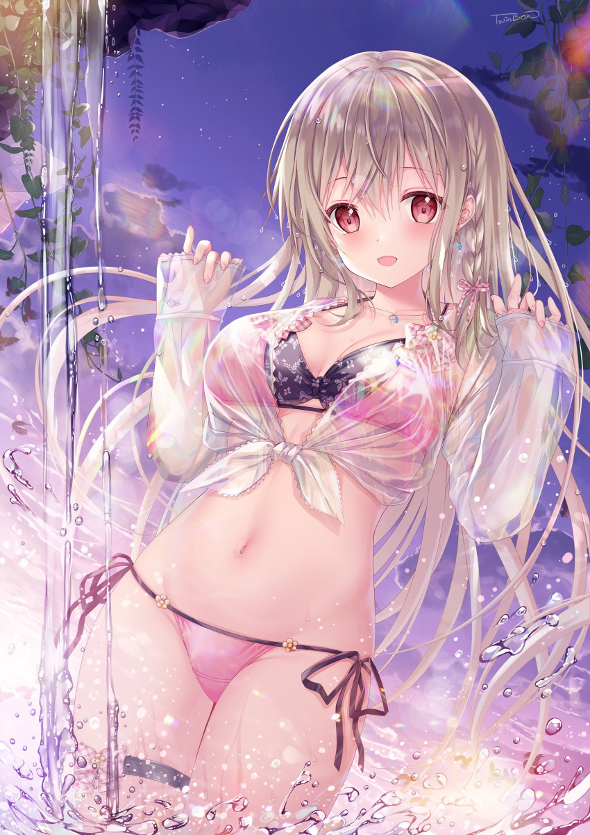 1girl :d absurdres bangs bikini blush bow braid breasts cleavage collarbone dutch_angle eyebrows_visible_through_hair flower groin hair_between_eyes hair_ribbon hanahanamaki highres jewelry large_breasts light_brown_hair long_hair long_sleeves looking_at_viewer maeda_shiori nail_polish navel necklace open_mouth original outdoors panties partially_submerged pink_nails red_eyes ribbon see-through side-tie_panties side_braid sidelocks signature smile solo sousouman standing stomach sunset swimsuit thigh_strap twinbox_school underwear very_long_hair watermark wet