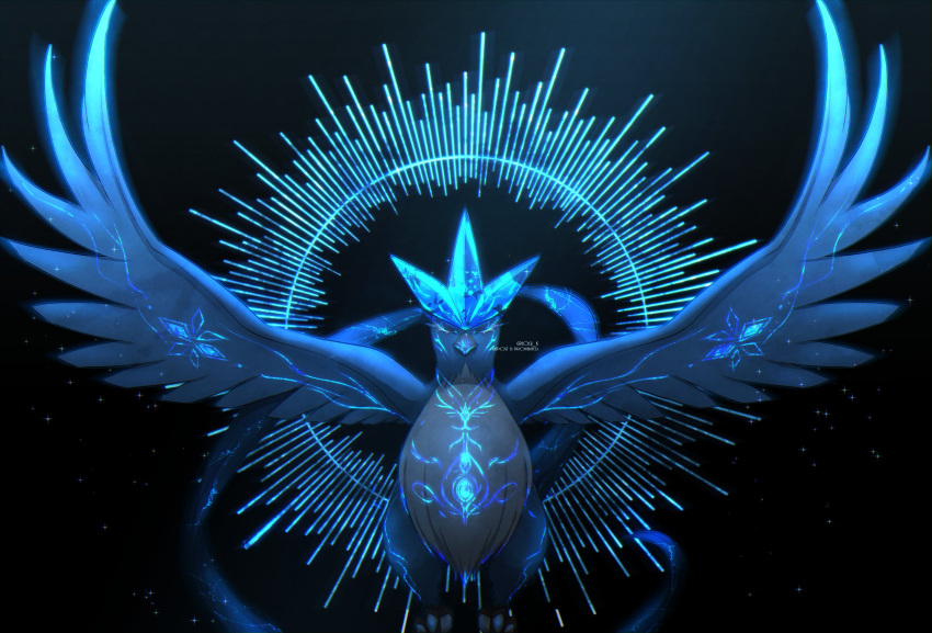 articuno beak bird body_markings closed_eyes commentary facing_viewer glowing_markings highres iogi_(iogi_k) no_humans pokemon pokemon_(creature) solo talons watermark