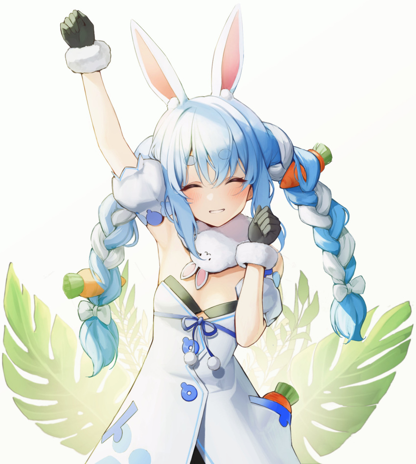 1girl animal_ear_fluff animal_ears arm_up armpits black_gloves blue_hair blush bow braid carrot_hair_ornament closed_eyes commentary_request detached_sleeves don-chan_(usada_pekora) dress food-themed_hair_ornament fur_scarf gloves hair_bow hair_ornament highres hololive long_hair multicolored_hair oni0417 parted_lips puffy_short_sleeves puffy_sleeves rabbit_ears rabbit_girl short_eyebrows short_sleeves smile solo strapless strapless_dress thick_eyebrows twin_braids twintails two-tone_hair usada_pekora virtual_youtuber white_bow white_dress white_hair