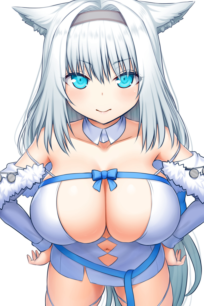 1girl animal_ear_fluff animal_ears argyle argyle_cutout asamura_hiori bangs bare_shoulders blue_bow blue_eyes blue_ribbon blush bow breasts cat_ears cat_girl cleavage clothing_cutout collarbone commentary_request detached_collar detached_sleeves dobrynya_nikitich_(fate) dress fate/grand_order fate_(series) fur_trim hair_bow hair_intakes hairband highres large_breasts leaning_forward long_hair looking_at_viewer low_ponytail navel ribbon short_dress smile solo thighs white_dress white_hair