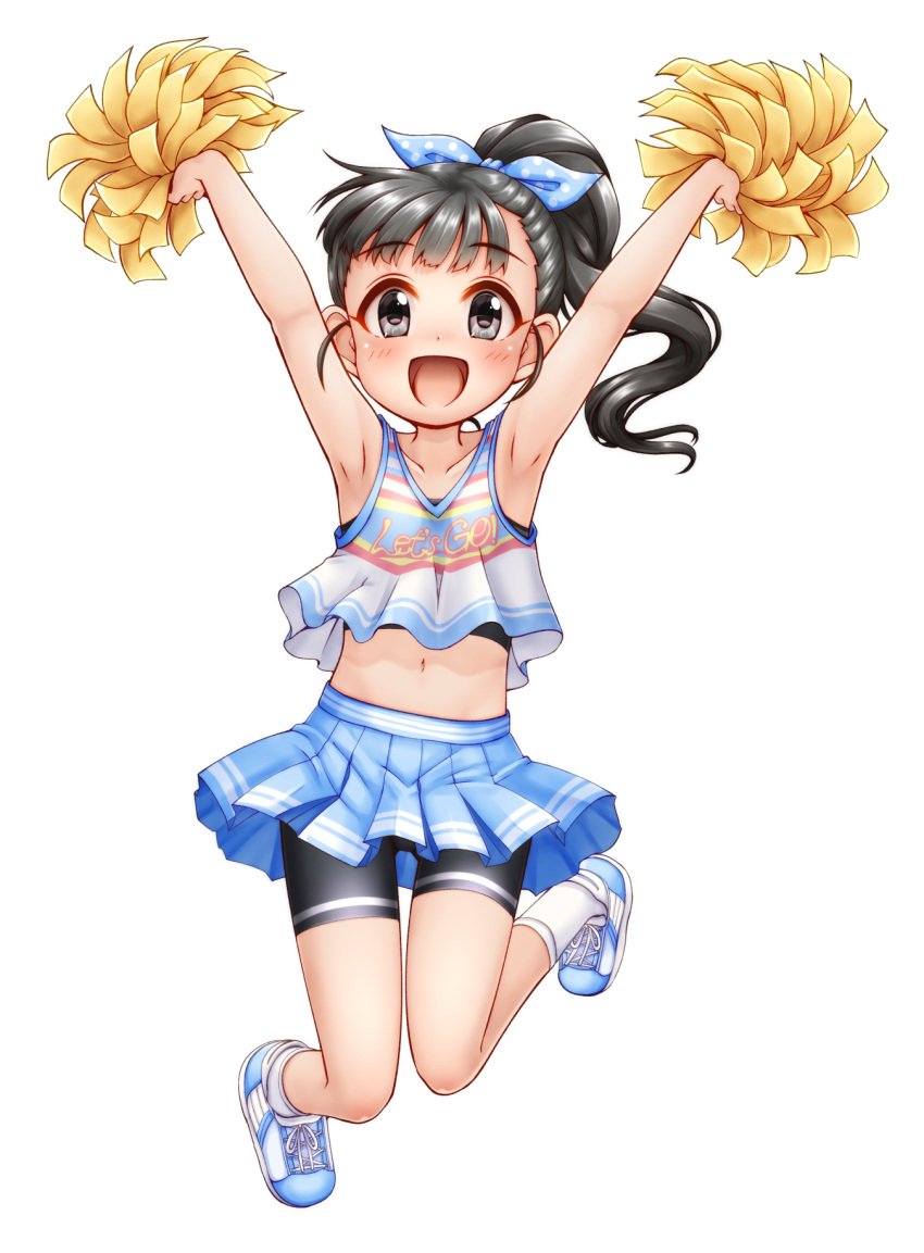 1girl :d armpits arms_up bare_arms bare_shoulders bike_shorts black_hair black_shorts blue_footwear blue_ribbon blue_skirt blush cheerleader collarbone crop_top fukuyama_mai full_body grey_eyes hair_ribbon high_ponytail highres holding idolmaster idolmaster_cinderella_girls jumping long_hair looking_at_viewer midriff navel pleated_skirt polka_dot polka_dot_ribbon pom_pom_(cheerleading) ponytail regular_mow ribbon shoes short_shorts shorts shorts_under_skirt simple_background skirt smile socks solo tank_top white_background white_legwear