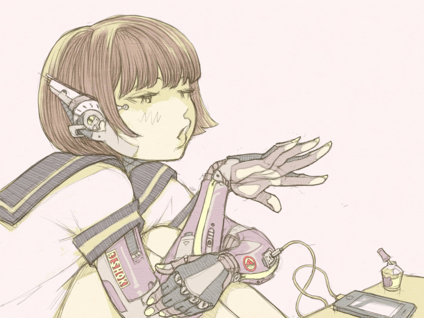 1girl bob_cut brown_hair catcar0983 cellphone charging_device cyborg fingernails headgear hugging_own_legs knees_up long_fingernails looking_at_hand mecha_musume mechanical_arms mechanical_parts nail_polish_bottle original phone sailor_collar short_hair sketch smartphone solo