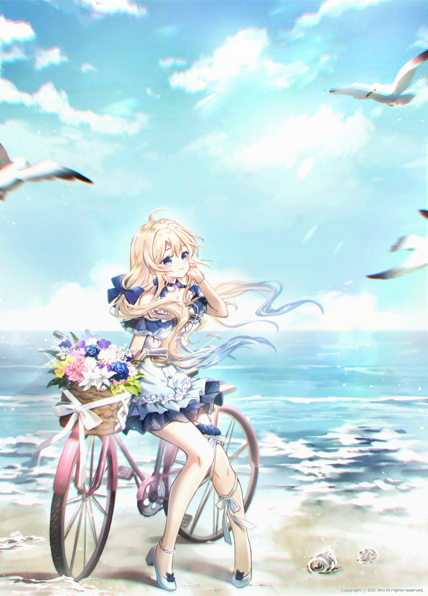 1girl absurdres ahoge animal bangs bare_shoulders beach bicycle bicycle_basket bird blonde_hair blue_bow blue_choker blue_dress blue_eyes blue_flower blue_rose blue_sky bow choker closed_mouth cloud commission danby_merong day dress eyebrows_visible_through_hair flower gradient_hair ground_vehicle hair_between_eyes hair_bow hand_up highres horizon long_hair multicolored_hair ocean off-shoulder_dress off_shoulder original outdoors pink_flower rose sand seagull shoes sky smile solo twintails very_long_hair water white_flower white_footwear yellow_flower