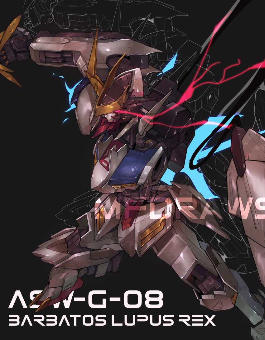 absurdres artist_name black_background brayanong999 character_name english_commentary glowing glowing_eye gundam gundam_barbatos gundam_barbatos_lupus_rex gundam_tekketsu_no_orphans highres mecha mobile_suit no_humans open_hand red_eyes science_fiction solo v-fin watermark