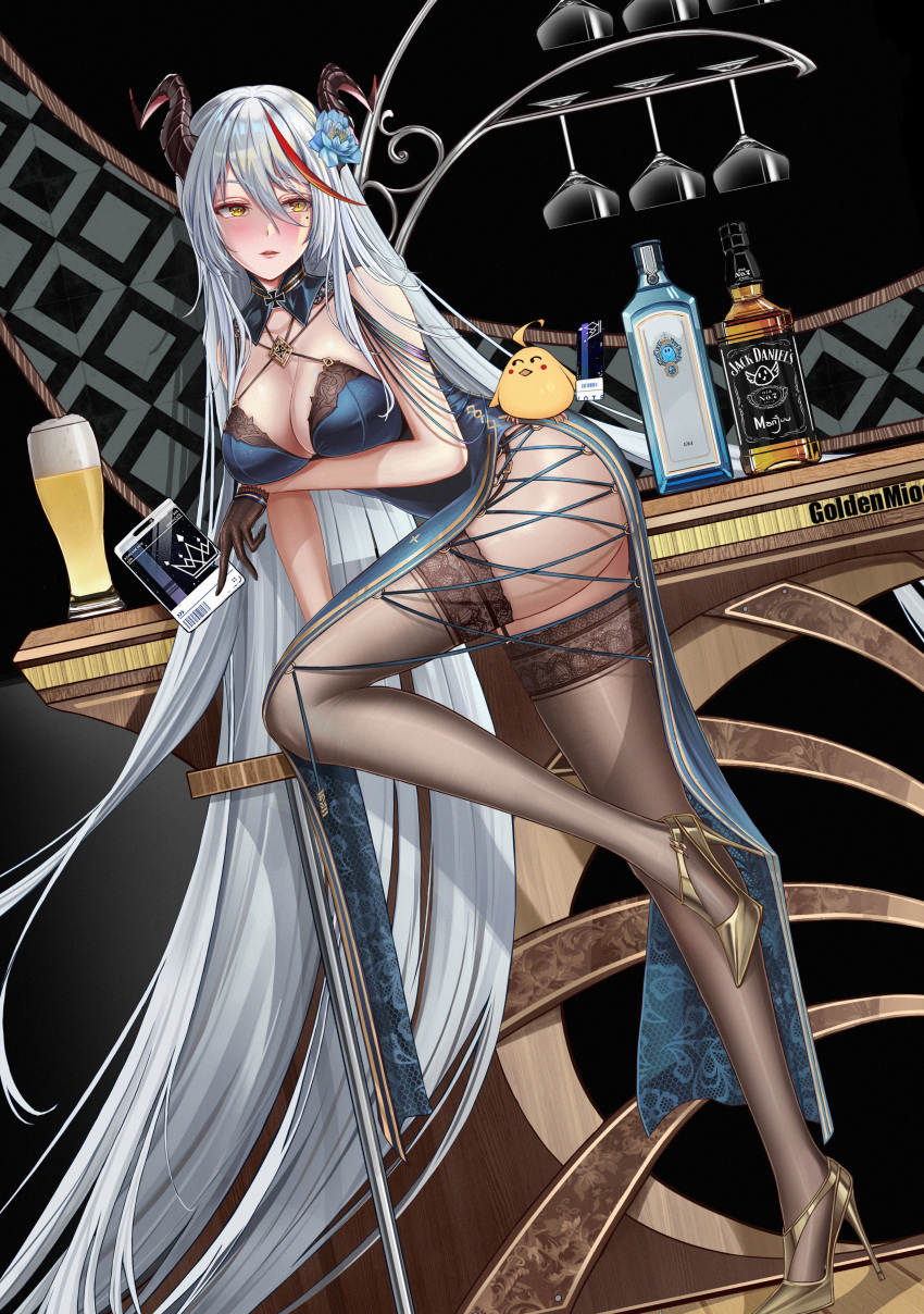 1girl absurdly_long_hair absurdres aegir_(azur_lane) alcohol alternate_costume arm_under_breasts artist_name ass azur_lane ballot bare_shoulders beer black_background black_gloves black_legwear blue_dress blue_flower blush breasts china_dress chinese_clothes criss-cross_halter cross demon_horns detached_collar dress floral_print flower full_body gloves gold_footwear golden_miocola hair_between_eyes half_gloves halterneck high_heels highres horns iron_cross lace-trimmed_legwear lace_trim large_breasts leaning_forward leg_up long_hair manjuu_(azur_lane) mole mole_under_eye pelvic_curtain red_hair shoes solo standing standing_on_one_leg stiletto_heels thighhighs very_long_hair vodka whiskey white_hair yellow_eyes