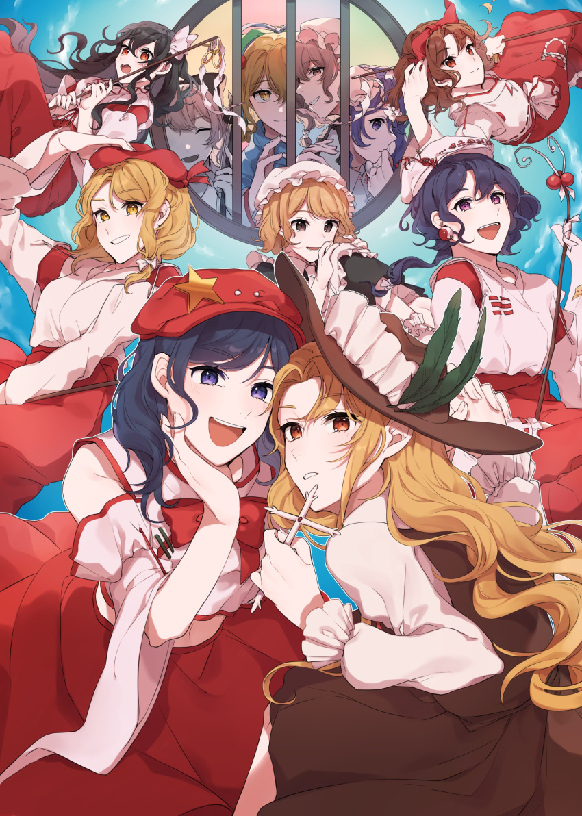 6+girls :o absurdres apron bangs bare_shoulders beret black_ribbon black_skirt blonde_hair blonde_shrine_maiden_from_a_future_era_(touhou) blue_background blue_eyes blue_hair bow bowtie breasts brown_headwear brown_skirt brown_vest cabbie_hat character_request closed_mouth collared_shirt commentary_request cross detached_sleeves dolls_in_pseudo_paradise earrings erhu eyebrows_visible_through_hair eyelashes flat_cap frilled_apron frilled_hat frilled_skirt frills gohei green_bow hair_bow hair_ribbon hand_in_hair hand_on_headwear hand_on_own_face happy hat hat_ornament highres holding holding_cross holding_hands hourai_girl_(touhou) interlocked_fingers jacket_girl_(dipp) japanese_clothes jewelry kimono label_girl_(dipp) laspberry. light_brown_hair long_hair long_skirt long_sleeves maid mandarin_collar medium_breasts midriff miko mini_hat mob_cap multiple_girls open_mouth orange_eyes parted_bangs portrait_of_exotic_girls purple_eyes red_bow red_bowtie red_eyes red_footwear red_headwear red_skirt ribbon ribbon-trimmed_sleeves ribbon_trim round_window satsuki_rin shirt short_hair side_ponytail skirt skirt_tug smile star_(symbol) star_hat_ornament teeth touhou upper_teeth very_long_hair vest wavy_hair white_apron white_bow white_headwear white_kimono white_ribbon white_shirt white_vest wide_sleeves window yellow_eyes yin_yang yin_yang_earrings