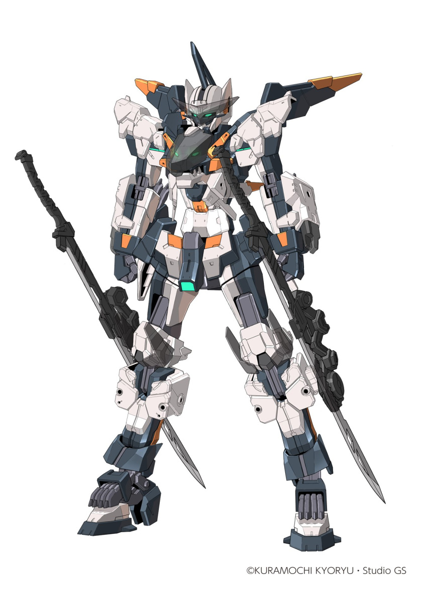 artist_name blue_eyes clenched_hands code_beast highres hundred_edge_alma kuramochi_kyouryuu looking_ahead mecha no_humans official_art science_fiction solo standing v-fin white_background