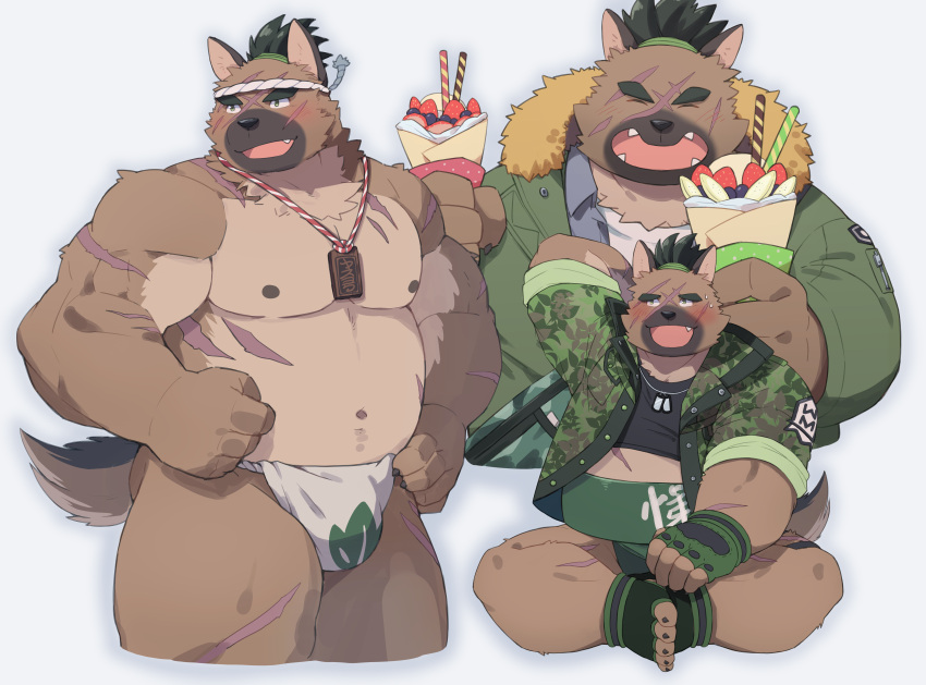 2021 absurd_res anthro asian_clothing belly black_nose blush brown_body brown_fur canid canine canis clothing cute_fangs domestic_dog east_asian_clothing eyes_closed food fundoshi fur hi_res humanoid_hands japanese_clothing jerry_5779 kemono lifewonders male mammal moobs navel nipples overweight overweight_male scar shirt simple_background sitting solo sweater tokyo_afterschool_summoners topwear underwear video_games white_clothing white_fundoshi white_underwear yasuyori