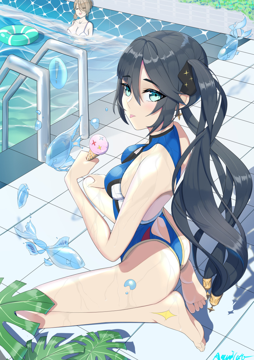 2girls absurdres aquilar ass back_cutout bangs barefoot blue_swimsuit breasts clothing_cutout earrings eyebrows_visible_through_hair fish food genshin_impact green_eyes hair_between_eyes hair_ornament highres holding holding_food ice_cream innertube jewelry kneeling leaf lisa_(genshin_impact) long_hair looking_at_viewer looking_to_the_side medium_breasts mona_(genshin_impact) multiple_girls one-piece_swimsuit pool pool_ladder poolside shadow sidelocks solo_focus sparkle star_(symbol) star_earrings star_hair_ornament swimsuit thighs tongue tongue_out twintails very_long_hair water wet wet_clothes wet_swimsuit