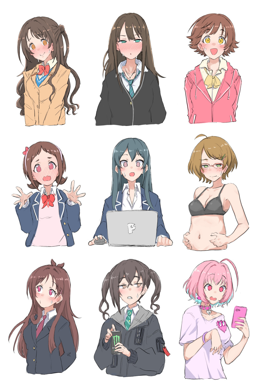 #unit_name_boshuuchuu_(idolmaster) 6+girls absurdres belly bow bowtie computer cropped_torso embarrassed empty_eyes half-closed_eyes highres honda_mio idolmaster idolmaster_cinderella_girls laptop looking_at_object looking_at_phone looking_away monster_(drink) multiple_girls muramatsu_sakura necktie new_generations_(idolmaster) new_wave_(idolmaster) ooishi_izumi phone ringed_eyes school_uniform shibuya_rin shimamura_uzuki simple_background sunazuka_akira sweatdrop tsuchiya_ako tsujino_akari wasabijoyu76 white_background yumemi_riamu