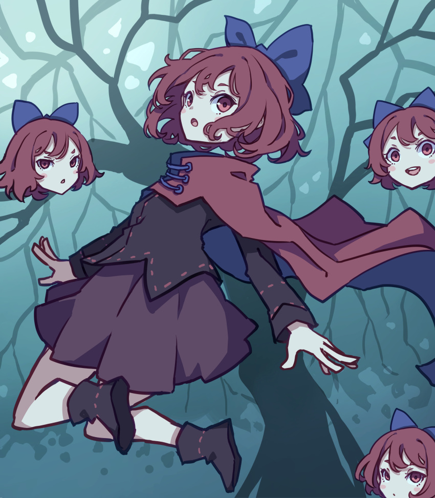 1girl absurdres black_shirt blue_bow bow cape cloak disembodied_head floating_head forest full_body hair_bow high_collar highres kame_(kamepan44231) long_sleeves looking_at_viewer nature outdoors red_cape red_cloak red_eyes red_hair red_skirt sekibanki shirt short_hair skirt solo touhou tree