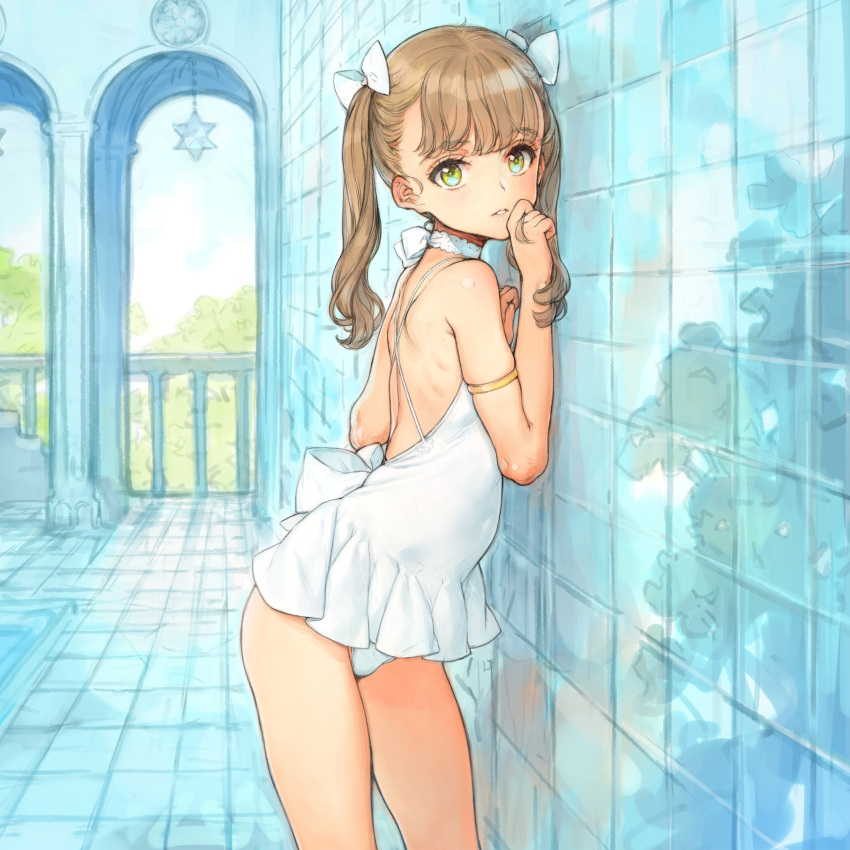 1girl absurdres against_wall armlet back bare_shoulders brown_hair choker frilled_swimsuit frills gloves hair_ribbon highres looking_at_viewer one-piece_swimsuit original oyari_ashito ribbon skin_tight skindentation solo swimsuit tiles twintails white_swimsuit