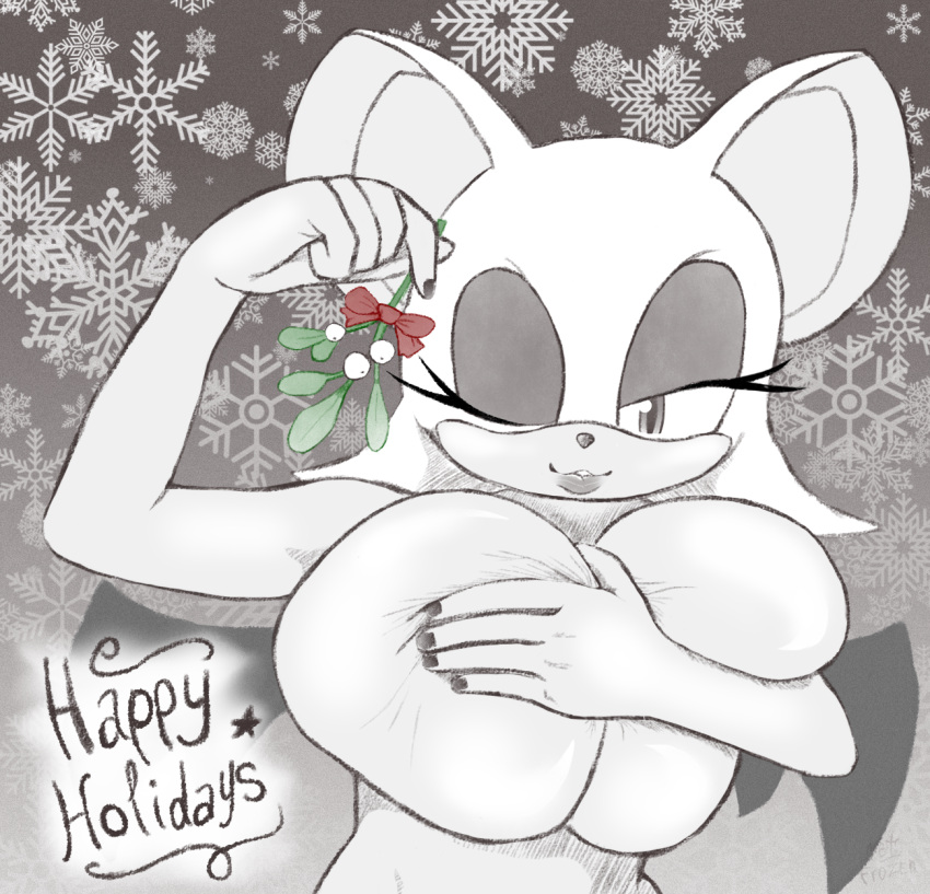 anthro big_breasts breasts chiropteran female hi_res holidays huge_breasts jetfrozen mammal mistletoe nude one_eye_closed plant rouge_the_bat sega simple_background smile solo sonic_the_hedgehog_(series) text wings wink