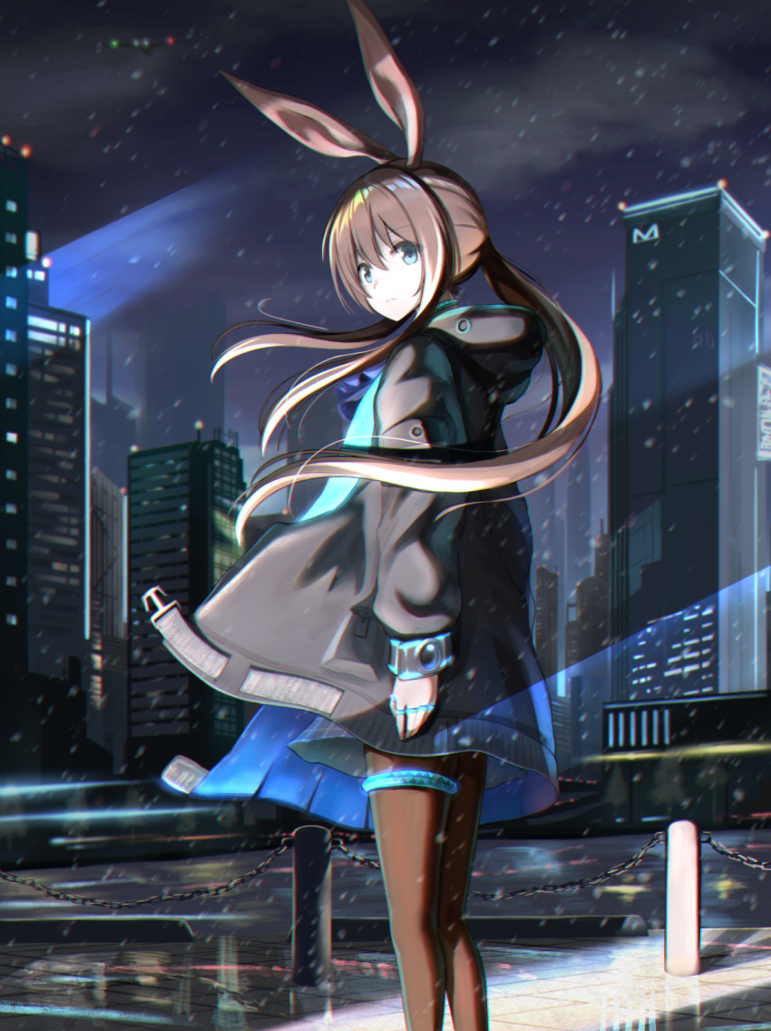 1girl akabane_hibame amiya_(arknights) animal_ears arknights ascot black_coat blue_eyes blue_neckwear blue_skirt breasts brown_hair brown_legwear building city closed_mouth coat commentary_request feet_out_of_frame from_above from_side hair_between_eyes highres hooded_coat jewelry long_hair looking_at_viewer looking_to_the_side miniskirt multiple_rings neck_ring night open_clothes open_coat outdoors pantyhose pleated_skirt rabbit_ears ring skirt solo thighlet