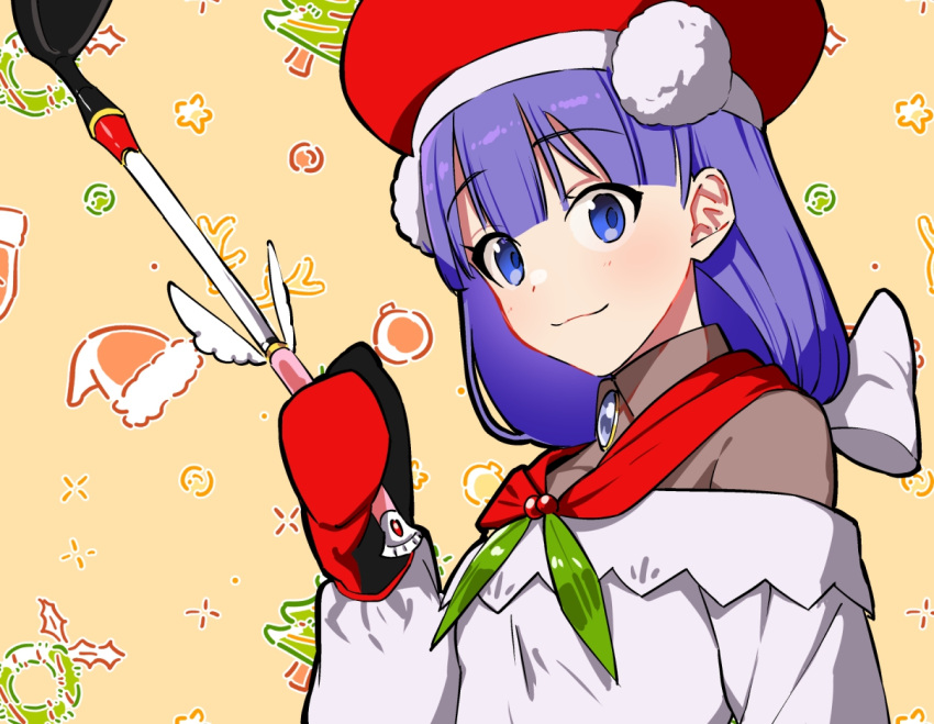 1girl beret blue_eyes christmas fate/grand_order fate_(series) hat ladle long_hair martha_(fate) martha_(santa)_(fate) mittens pom_pom_(clothes) purple_hair smile tsurusaki_yuu