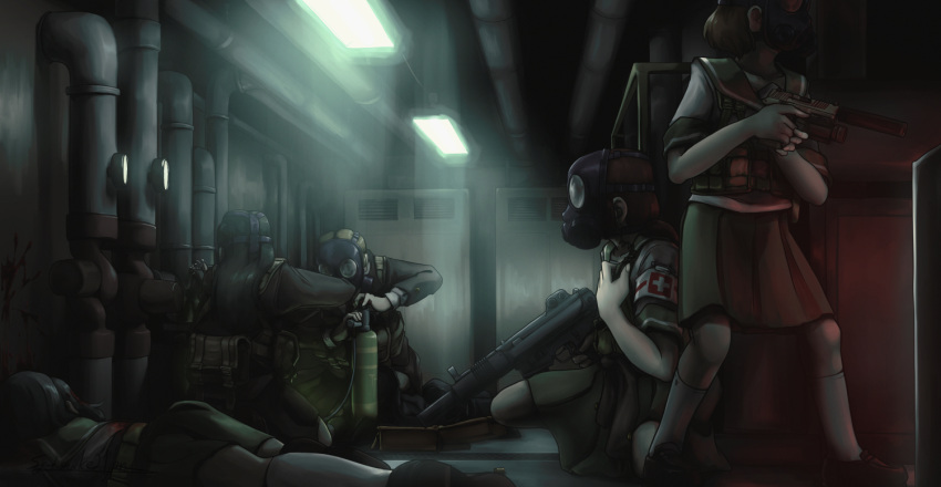 5girls blood blood_on_wall blood_splatter ceiling_light commission cylinder death gas_mask gun handgun holding holding_gun holding_weapon load_bearing_vest long_hair mask multiple_girls original pistol school_uniform skeb_commission snake21jpn submachine_gun suppressor trigger_discipline weapon